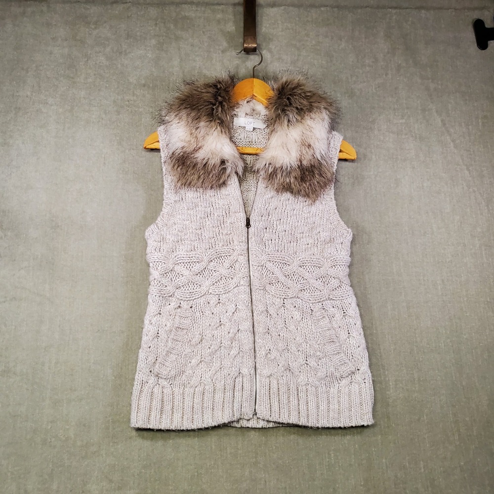 Loft Faux Fur Collar Cable Knit Vest Women M Beige Excellent Zip Up Alpaca Blend